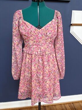 Pink Floral Long Sleeve V-Neck Mini Dress